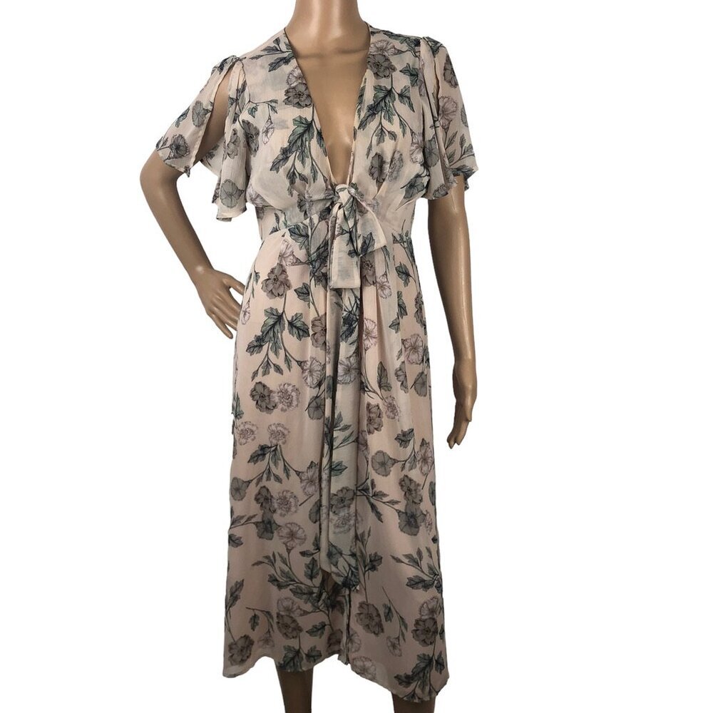 ASTR Boho Floral Print Midi Wrap Dress Short‎ Sleeve V-Neck Sundress Size M Pink